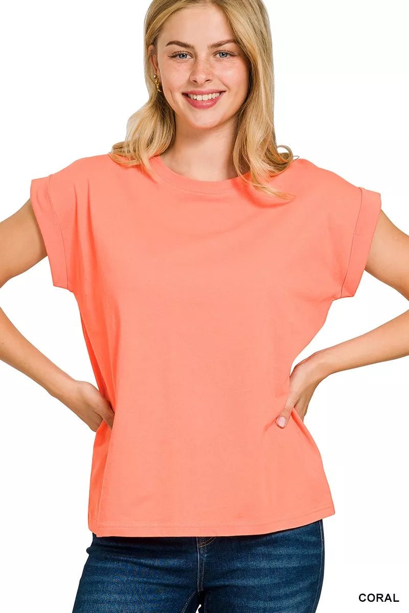 Zenana Round Neck Folded Short Sleeve T-Shirt - Grace & Grit Boutique