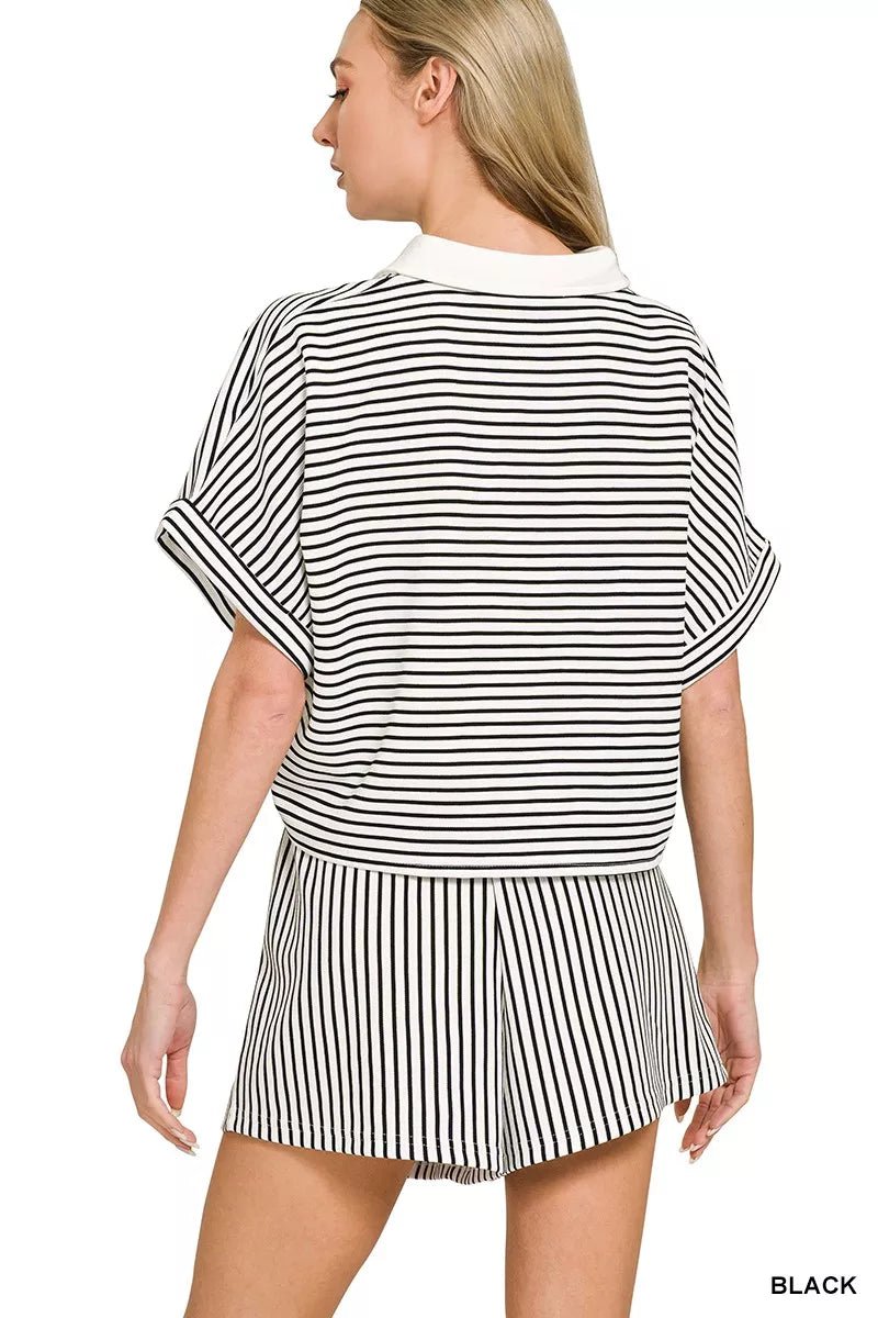 Zenana Striped Collared Top & Shorts Set - Grace & Grit Boutique