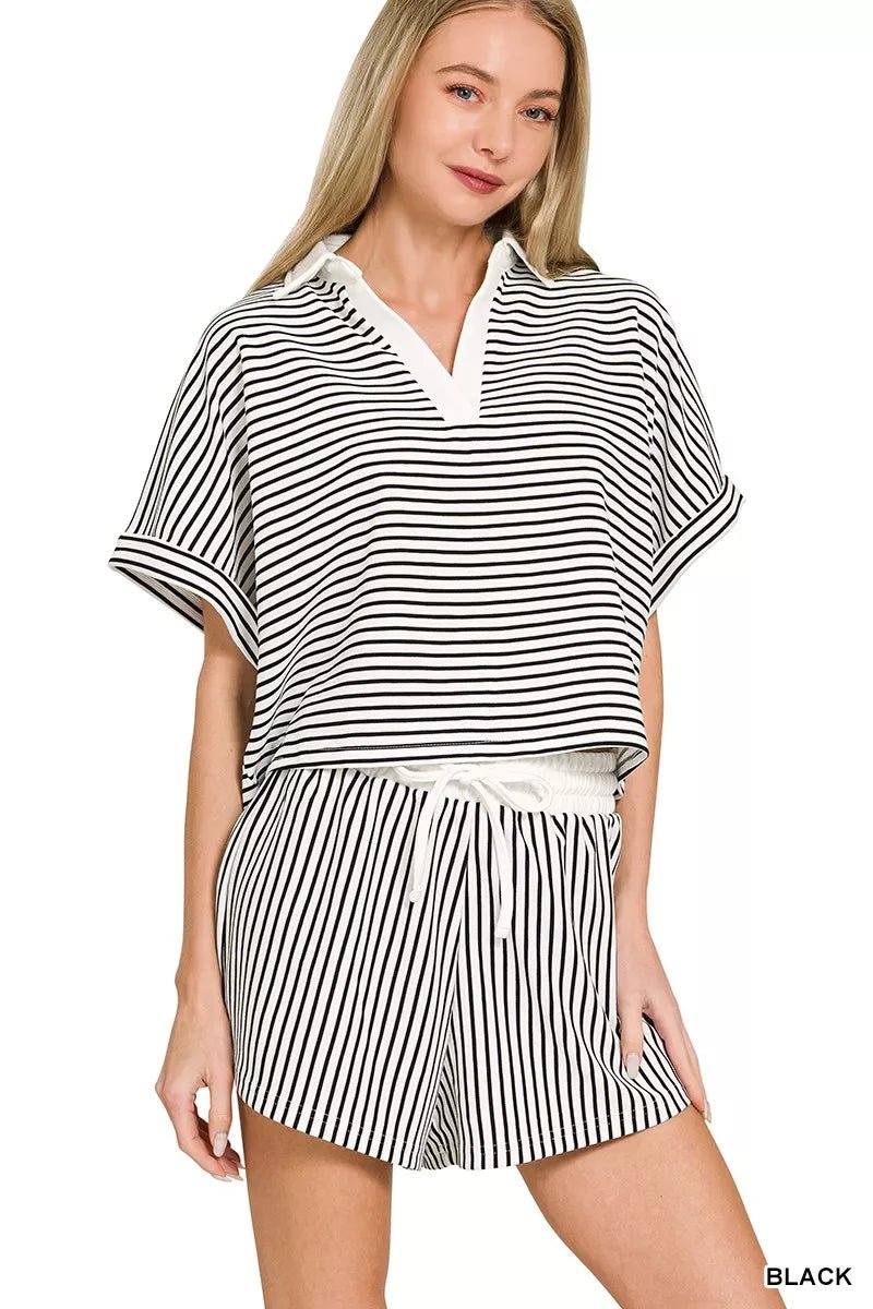 Zenana Striped Collared Top & Shorts Set - Grace & Grit Boutique