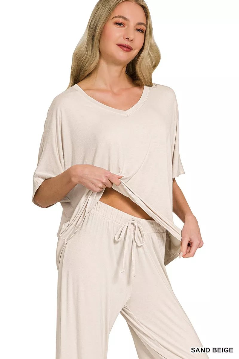 Zenana V-Neck Oversized Top & Pants Set by Trendsi