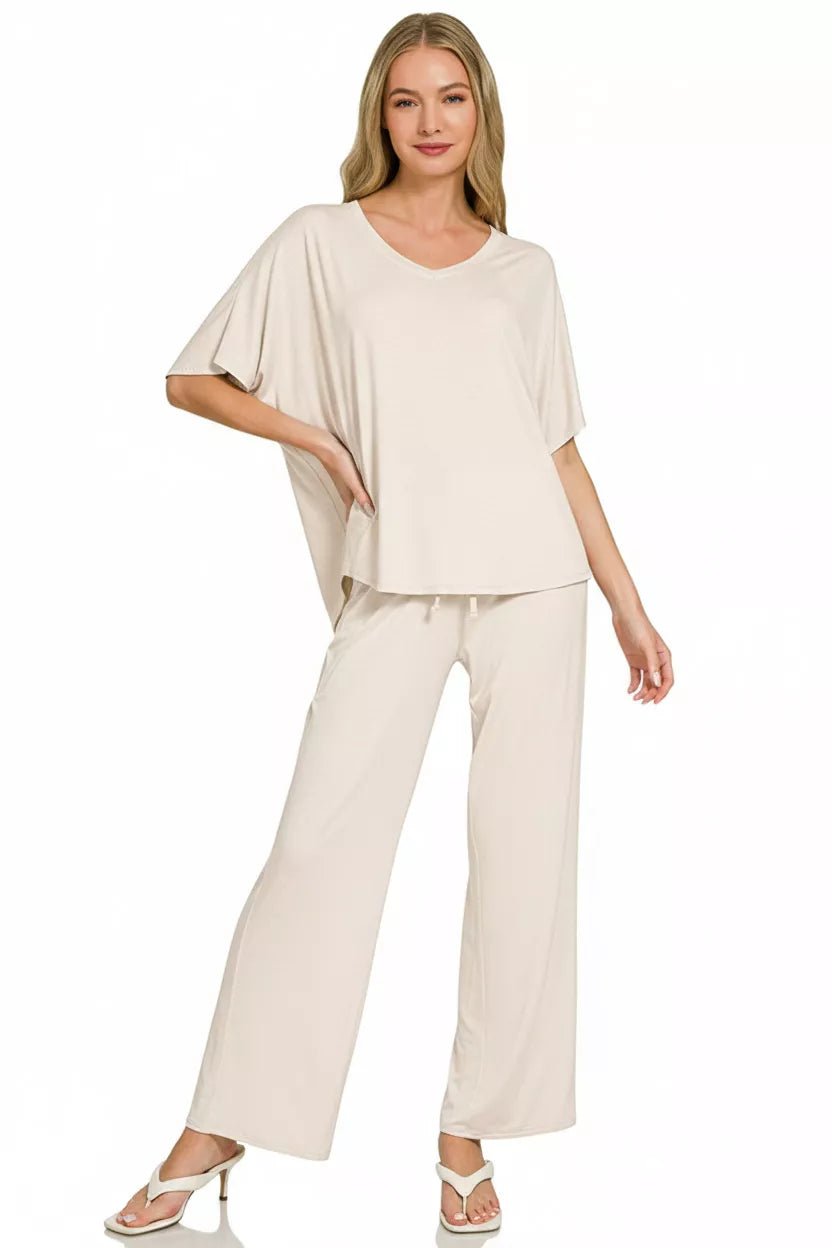 Zenana V-Neck Oversized Top & Pants Set by Trendsi