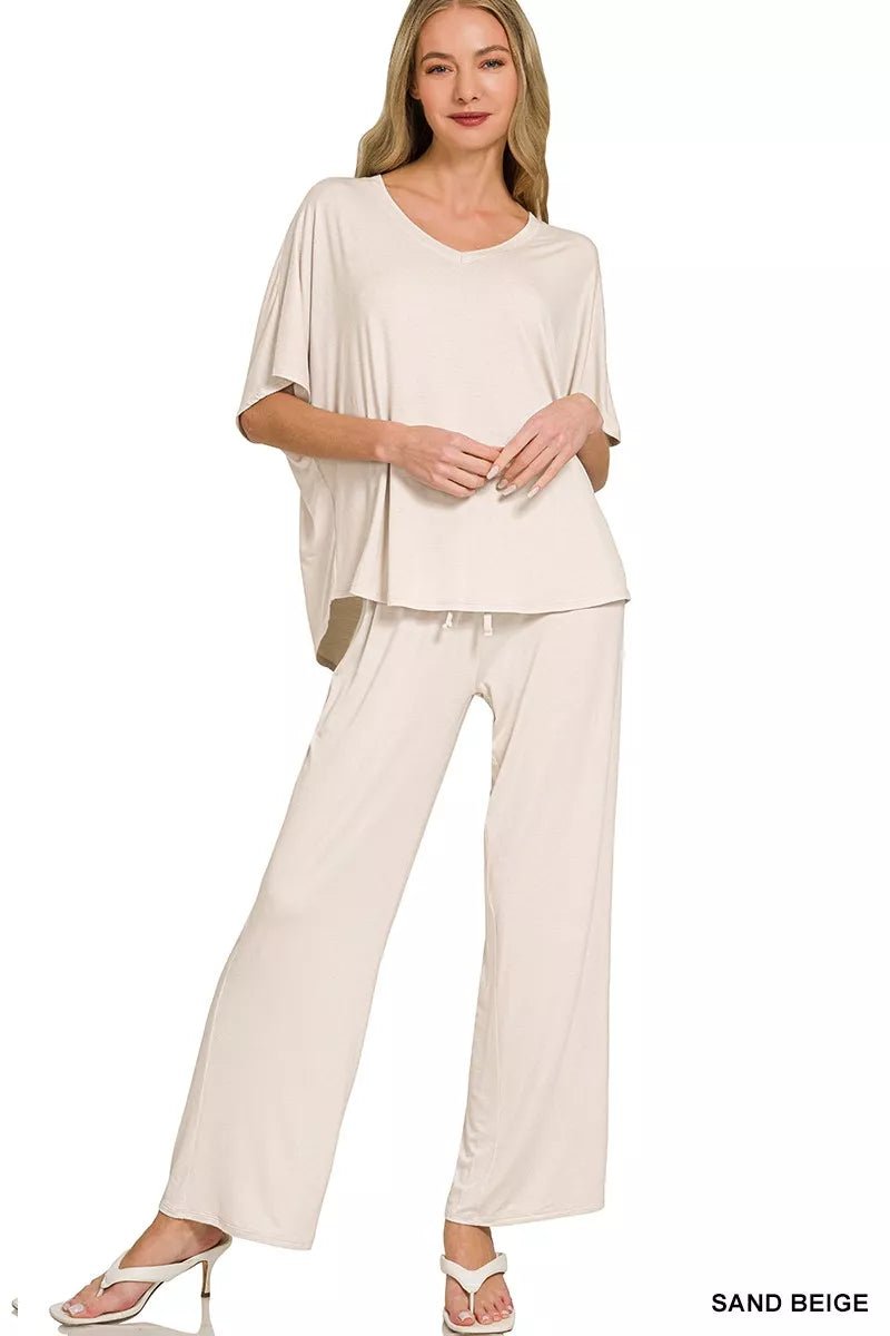 Zenana V-Neck Oversized Top & Pants Set by Trendsi
